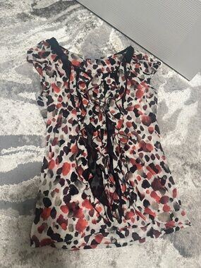 Classiques Entier Red, Black & Cream Ruffle Front Cap Sleeve Top